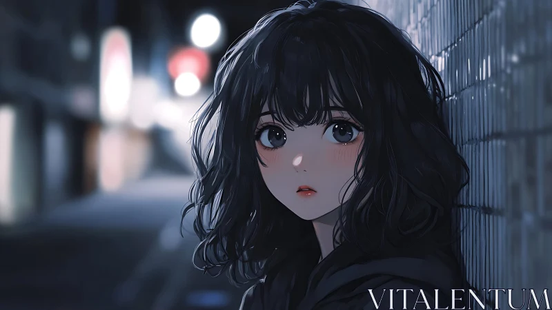 Dark-haired girl stands by tiled wall in blurred night street