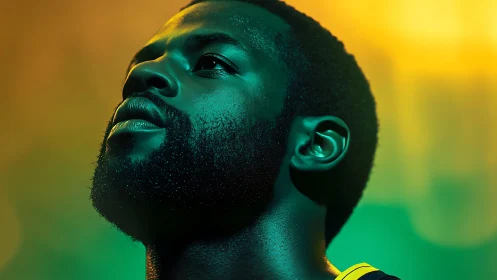 Photorealistic low-angle portrait with cinematic neon rimlight.