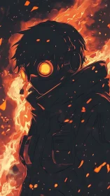 Hooded figure in goggles stands in front of intense flames.