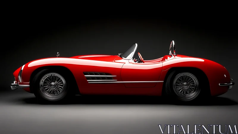 Side-profile study of red vintage roadster with high-gloss reflections