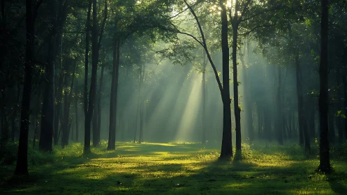 Serene sunbeams filtering through lush green forest at sunrise.