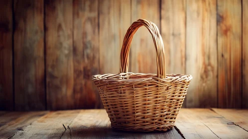 Wicker basket with handle on wooden plank floor and wall.