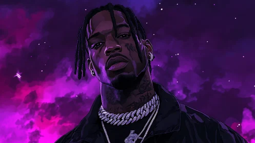 Starlit purple nebula backdrop with stoic rap figure portrait.