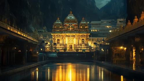 Symmetric golden temple complex reflected in nocturnal waterway.