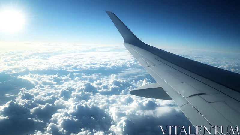 Photorealistic aircraft wing above layered cumuliform cloudscape.