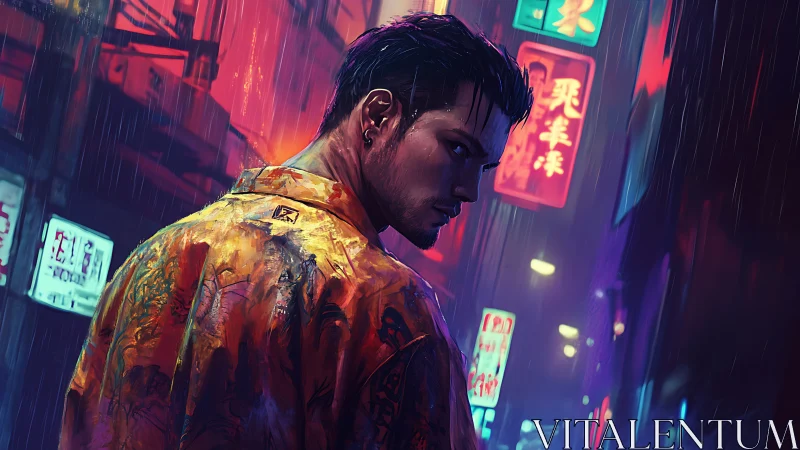 Neon rain drapes a lone drifter in electric midnight glow.