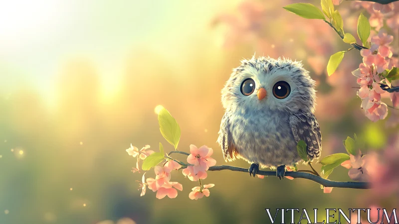 Cute Baby Owl on Blossoming Branch in Dreamy Pastel Art Style.