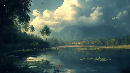 Tropical lake reflects stormlit mountains and lilies perfectly.