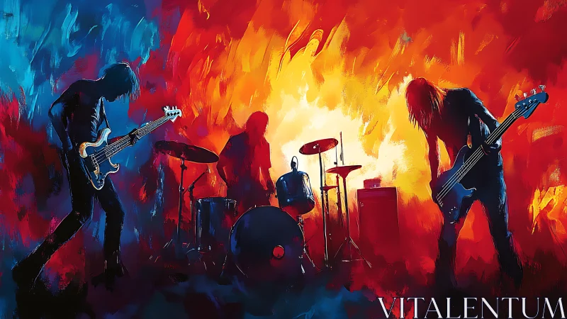 Rock band glowing in fiery blue and orange stage light.