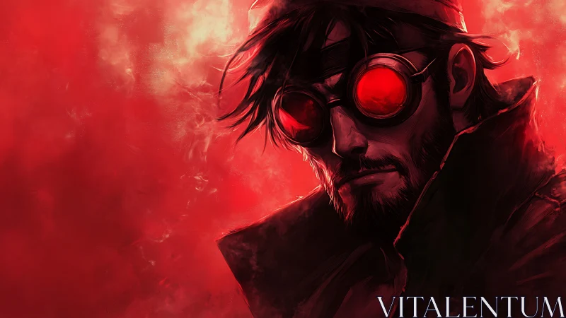 Bearded man with red goggles stares forward in red haze