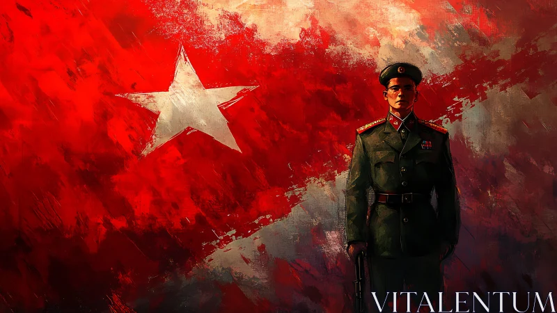 Bold red anthem with solitary soldier before blazing star.