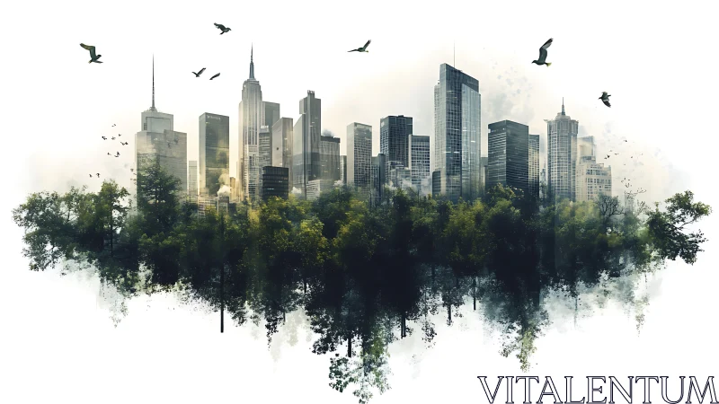 Urban skyline merges with forest canopy in layered digital double exposure