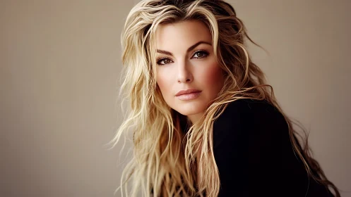 Woman with long wavy hair posed against neutral backdrop
