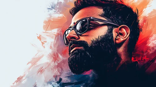 Bearded man in sunglasses against abstract color field.