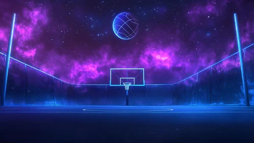 Neon-lit cosmic basketball court with levitating holographic ball