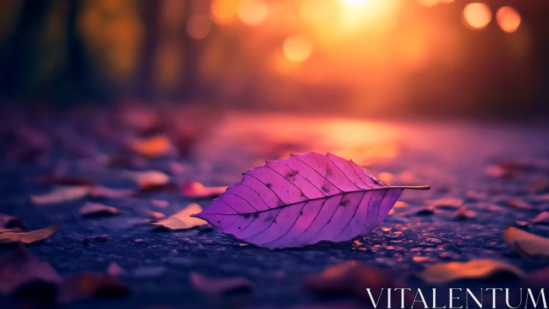 Single purple leaf on pavement under soft sunset light.