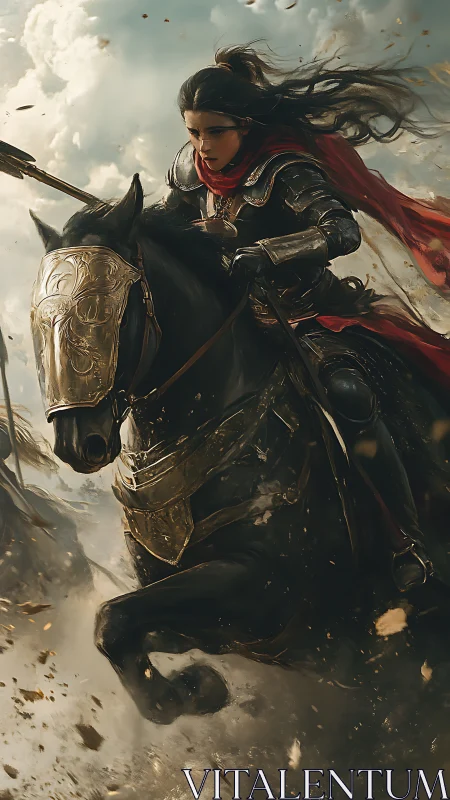 Armored horsewoman charging through storm-swept battlefield.
