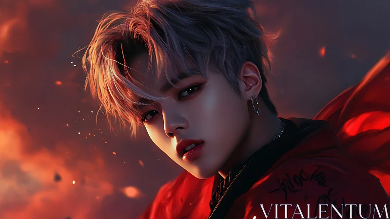 Cinematic digital portrait of silver-haired youth in ember glow