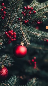 Red bauble and berries on evergreen Christmas branch.