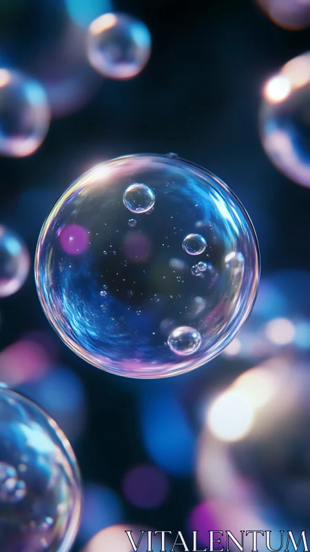 Shimmering soap bubbles drift gently through soft neon light