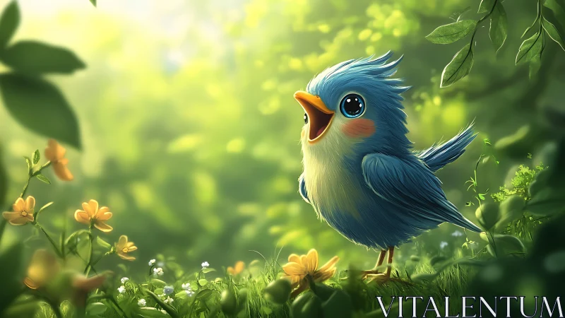 Cute blue cartoon bird singing in a magical forest illustration.