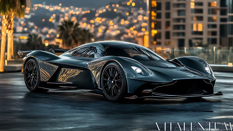 Low-slung carbon hypercar under city bokeh, emphasizing aero sculpting