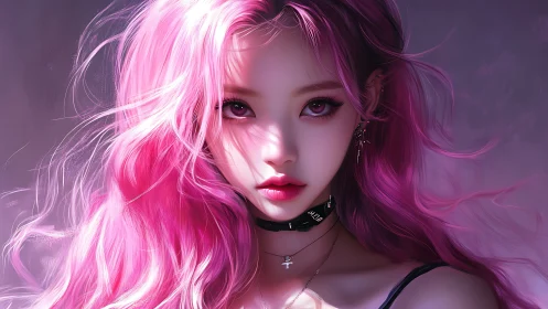 Pink haired digital girl portrait with gothic jewelry