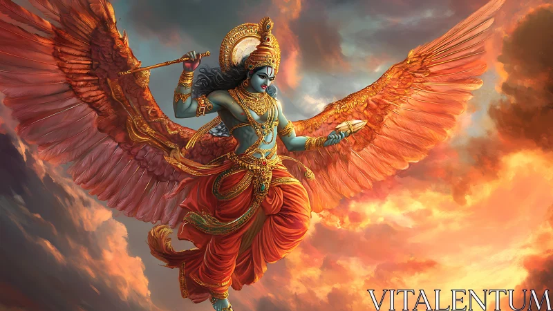 Winged blue deity soaring through blazing sunset sky.