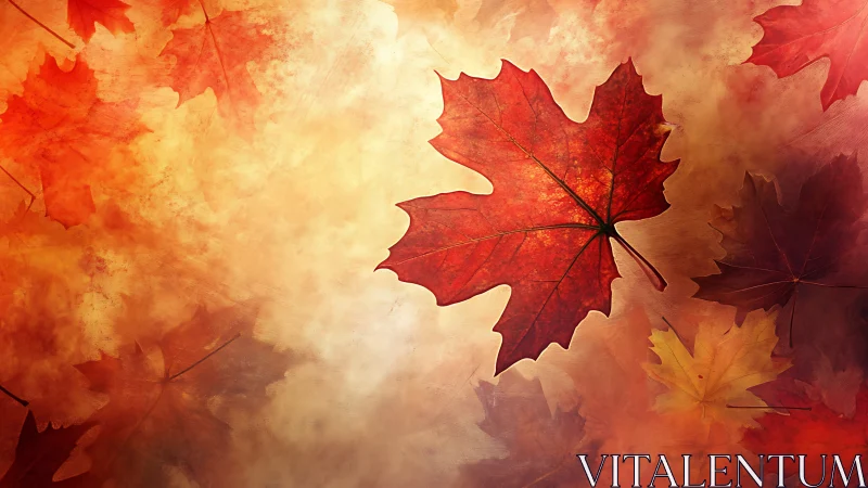 Red maple leaf centered over blurred autumn foliage field