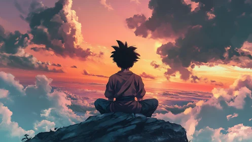 Meditating youth on cloud summit under radiant sunset sky.