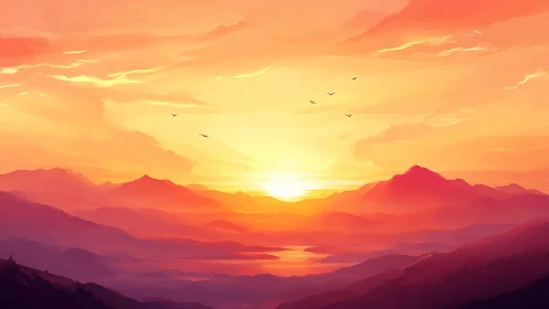 Radiant sunset bathes misty mountain valley in glowing warmth