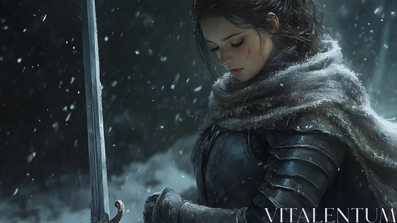 Snowbound warrior maiden bows in quiet, stormlit resolve.