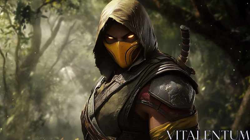 Hooded masked warrior with sword in dense forest setting.