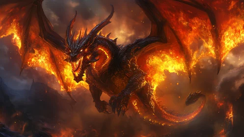 Fire dragon dominates burning sky above dark landscape.