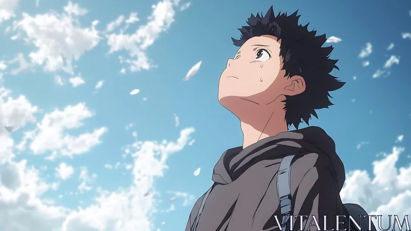 Teen boy gazes upward under bright sky with drifting petals