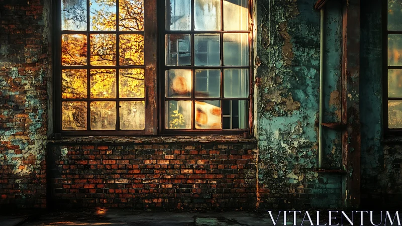 Sunlit autumn window in decaying industrial brick wall.