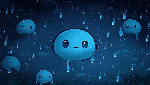 Sad blue raindrop characters falling through night storm.