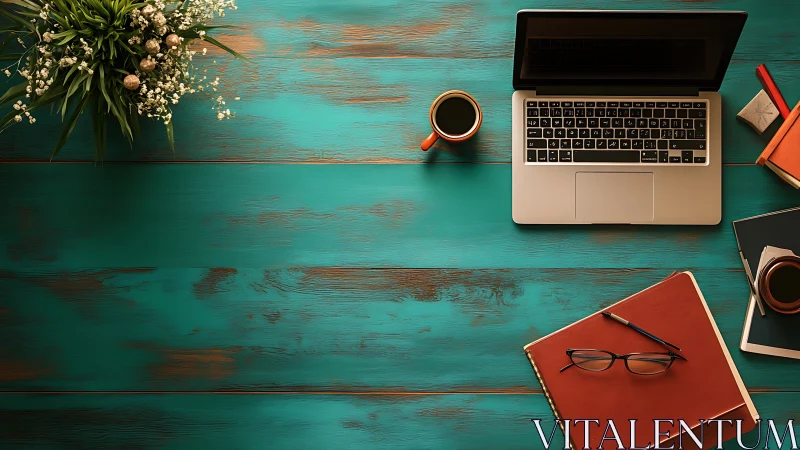 Workspace layout on teal wooden desk with laptop and coffee.