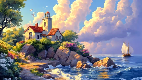 Coastal Lighthouse on Rocky Outcrop with Sailboat and Golden Hour Illumination