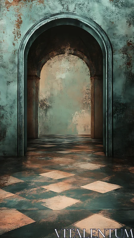 Aged vaulted corridor with textured patina and reflective tiles