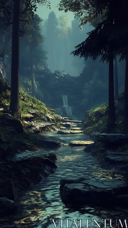 Forest stream valley rendered with atmospheric depth layering