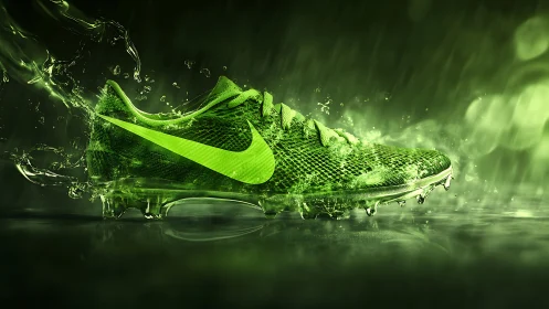 Neon green football cleat in dynamic liquid splash environment.