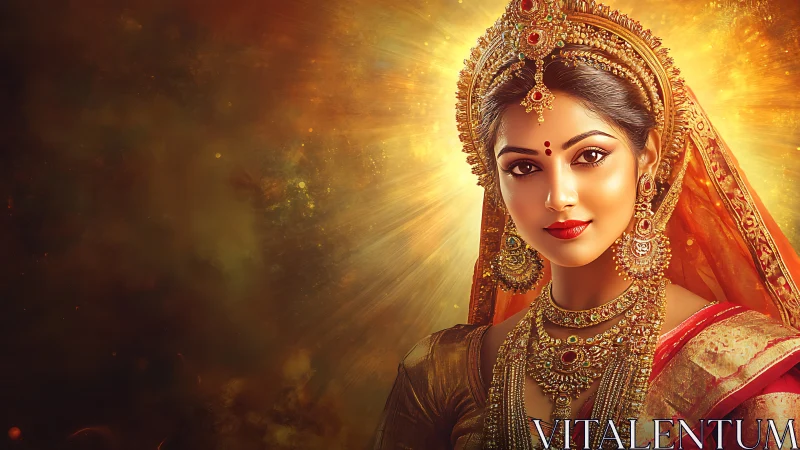 Regal Indian bride stands radiant against glowing golden aura