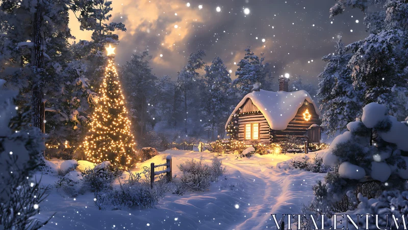 3D winter cabin scene with illuminated Christmas tree composition.