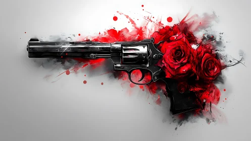 Bold revolver and scarlet roses in striking contrast.
