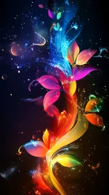 Radiant neon petals twist upward through a cosmic night glow