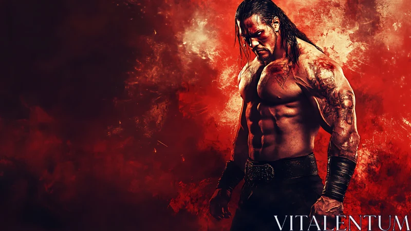 Brooding warrior in crimson smoke and dramatic side light.