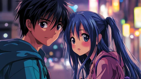 Anime couple walks through blurred neon city night street