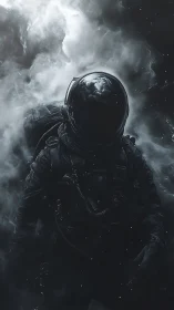 Solitary astronaut drifting through shadowed cosmic mist.