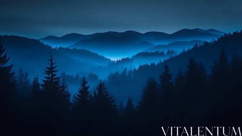 Twilight Mountains Draped in Ethereal Blue Mist.